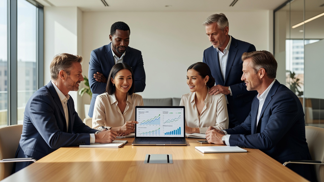 Business team reviewing growth results in a modern office